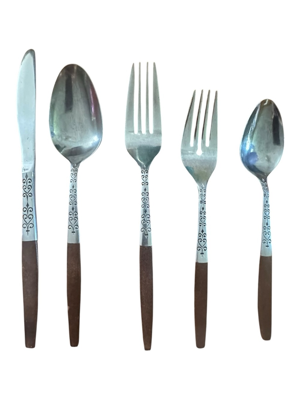 Vintage Interpur INR2 Flatware 38 Pc MCM Faux Wood Handle Japan Silverware Set
